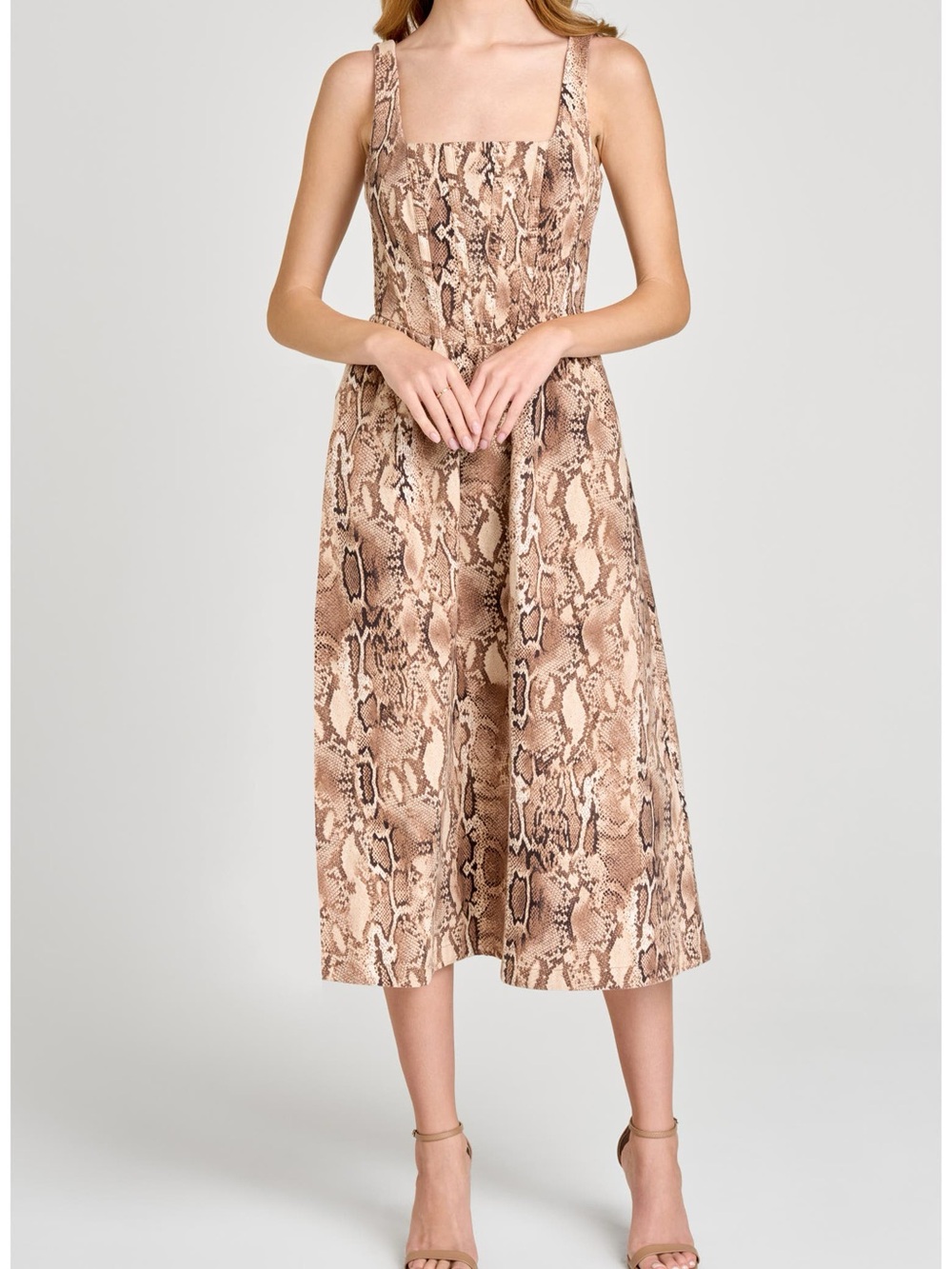 Wayf Brown Snake-Print Square-Neck Midi Dress